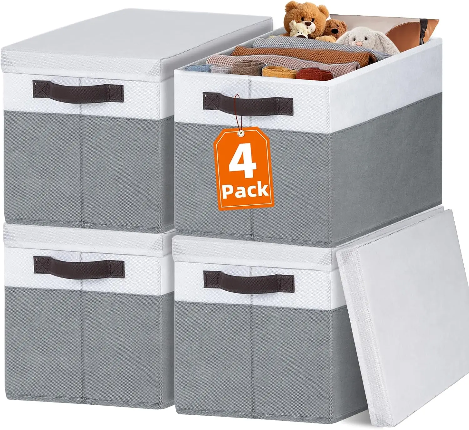 

4 Pack Stackable Storage Baskets with Lids 14x10x9.5 Sturdy Closet Organizers for Clothes Toys Blankets