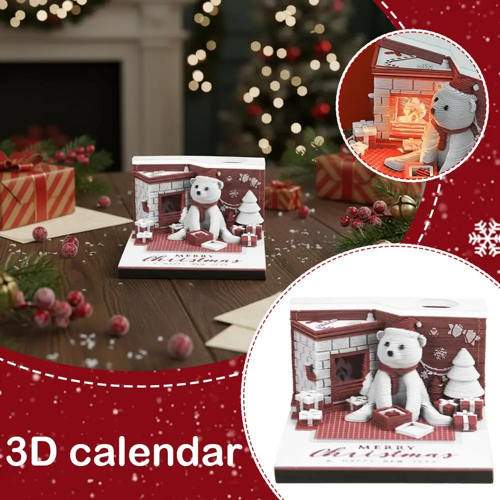 

Рождественский подарок 2026, 3D всплывающий календарь, бумажная скульптура, липкие заметки, креативный рождественский маленький белый медвежонок, отрывной блокнот