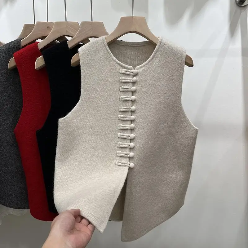 Women Chinese Style Vintage Minimalist Button Sweater Vest Autumn Winter Female Elegant Chic Sleeveless Loose Knitted Waistcoat