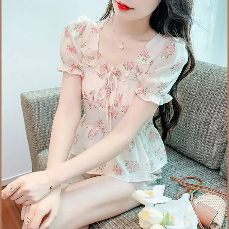 

New Summer French Bubble Sleeve Waist Cinching Chiffon Blouse Floral Short Sleeve Women's Shirt