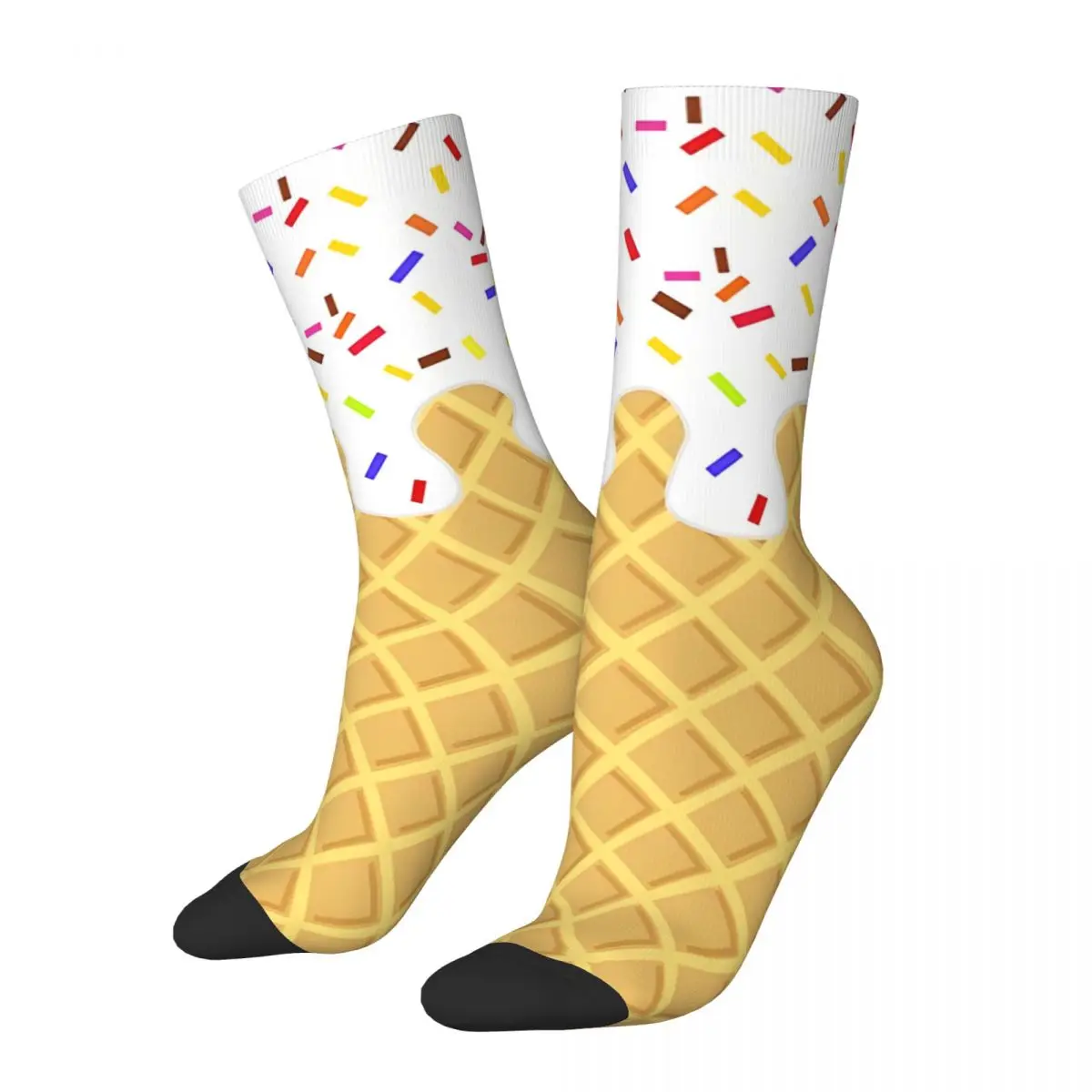 Men's Socks Vanilla Ice Cream With Sprinkles Waffle Cone Retro Funny Food Street Style Novelty Crew Sock Gift Pattern Printed