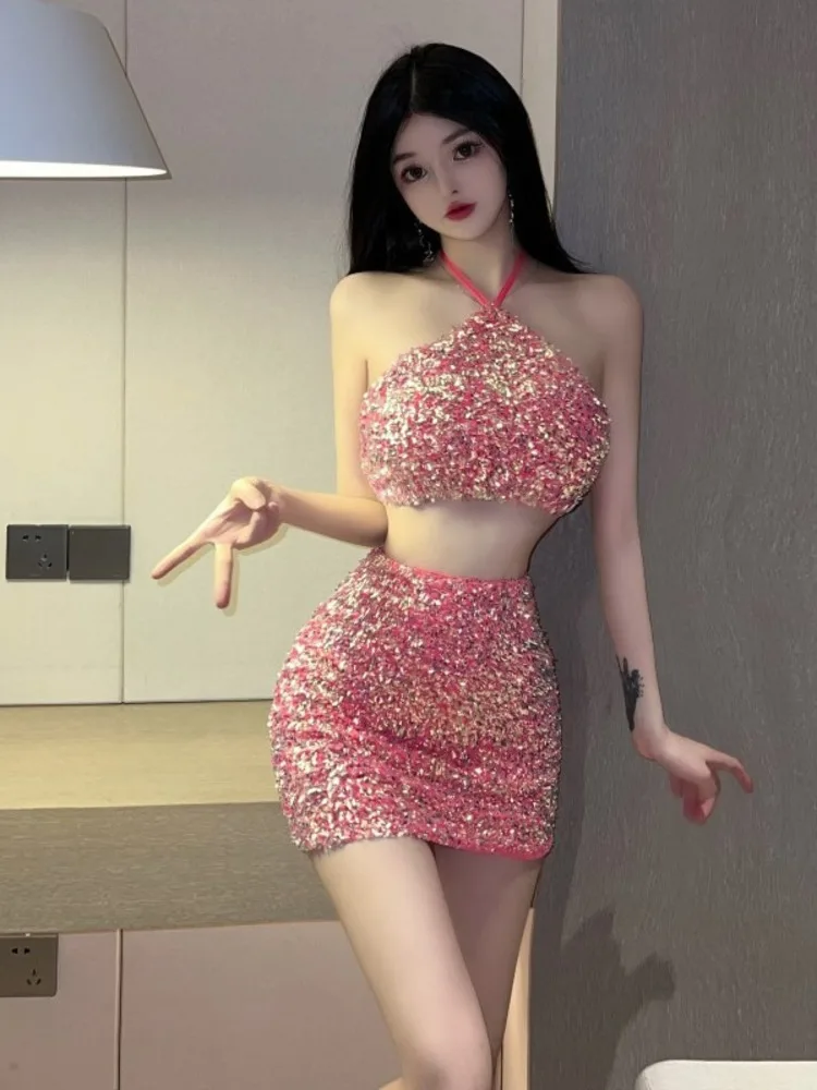 2023 Summer New Women's Sexy Spicy Girl Sequin Hanging Neck backless Top Slim Wrap buttocks Short Skirt Fashion pink Set VDZT