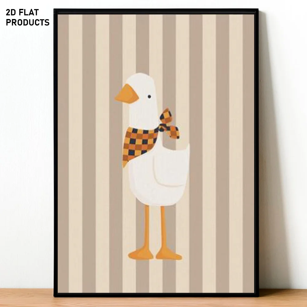 2D Flat, 2D Flat, 1pc, Multi-Size Frameless Canvas Painting, Silly Goose Wall Decoration in Beige for Room, Headscarf Goose,