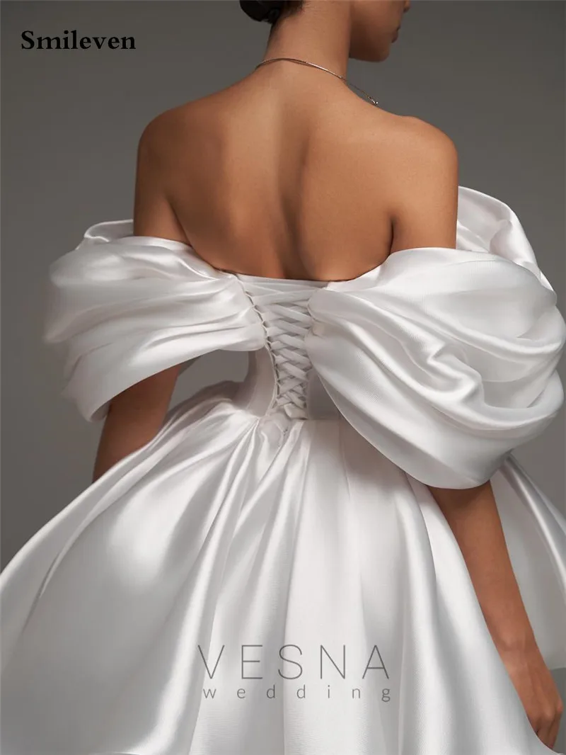 Smileven Short Wedding Dress A Line Soft Satin Off The Shoulder Bride Dresses Mini Sweetheart Neck Vestido de novia Customized