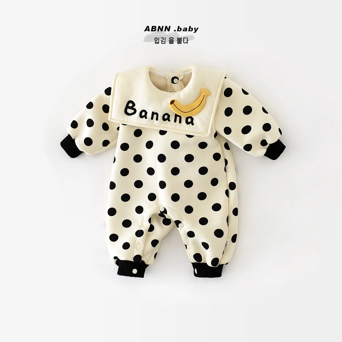 Infant Girl Dot Print Lapel Jumpsuit Plus Velvet Thick Toddler Cotton Warm Clothes 0-24M 2025 Winter New Baby Fleece Romper