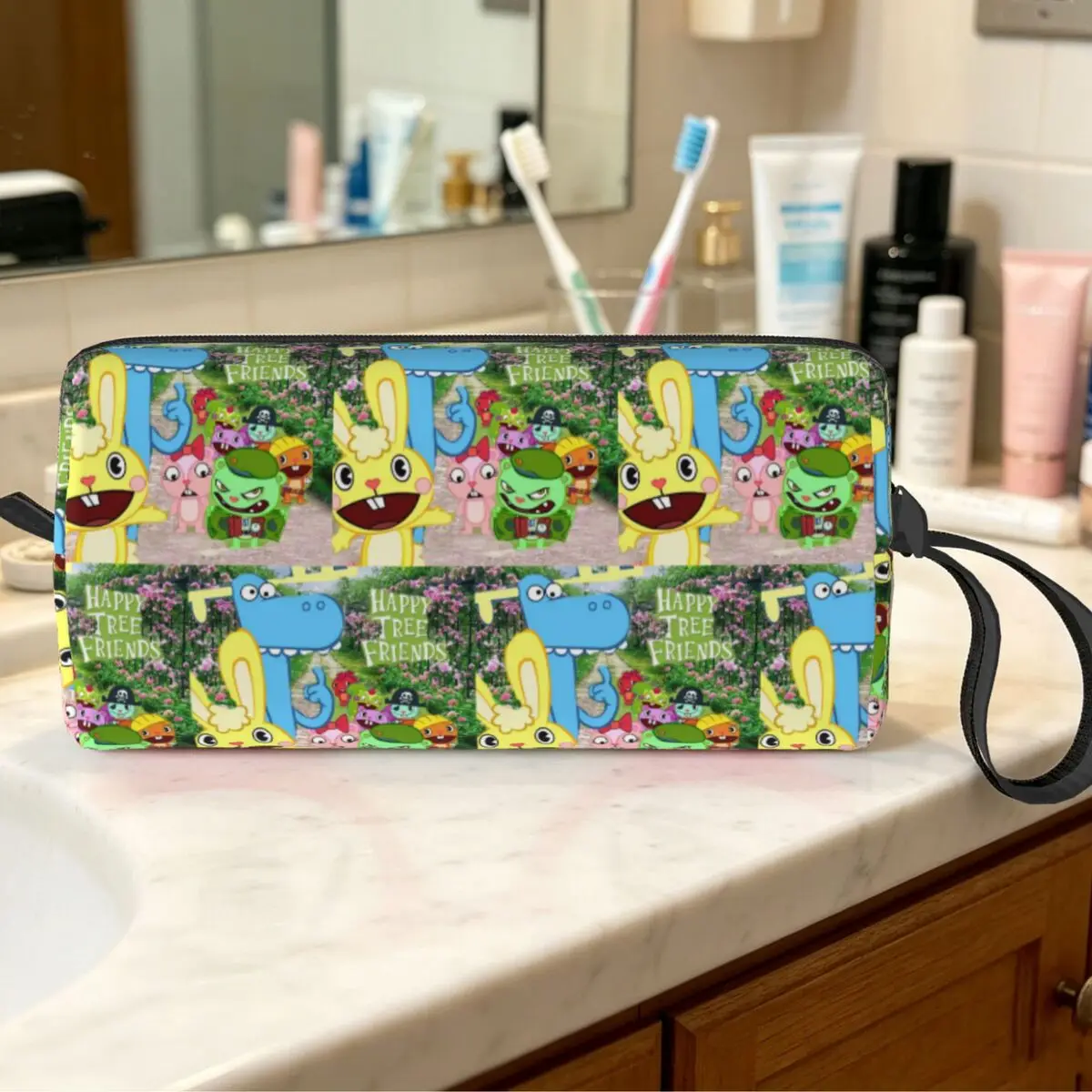 Happy Tree Friends Flippy Lumpy Cuddles Loving Family Makeup Bag Cosmetic Organizer Storage Dopp Kit for Women Beauty Travel