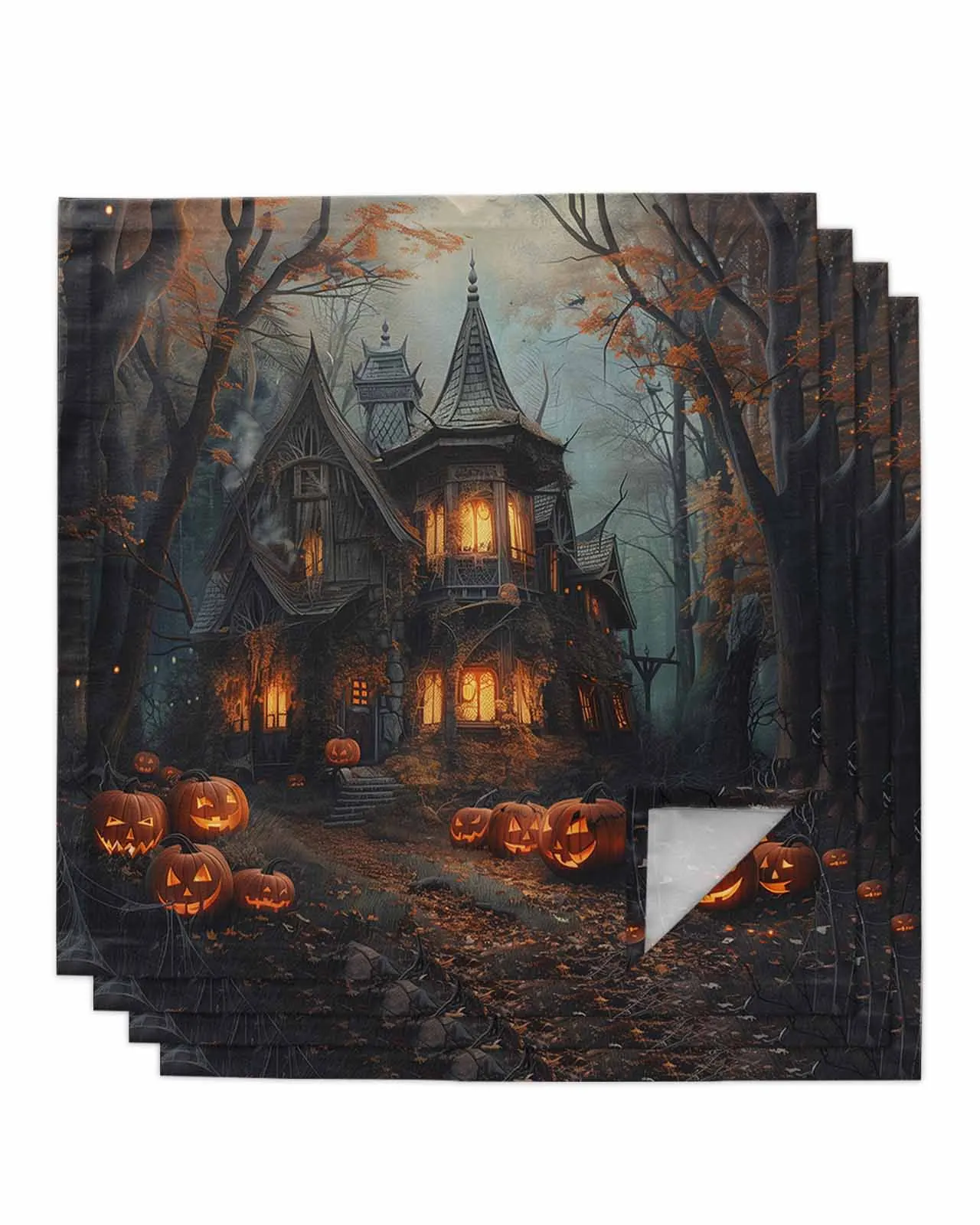 4pc Alloween Castle Pumpkin Retro Grove Table Napkins Set Dinner Handkerchief Towel Napkins Cloth for Wedding Party Banquet