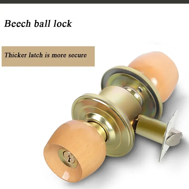 1 Set Wood and Metal Internal Door Lock Round Ball Door Knobs Handle with Key for Bedroom Living Room Bathroom Hardware