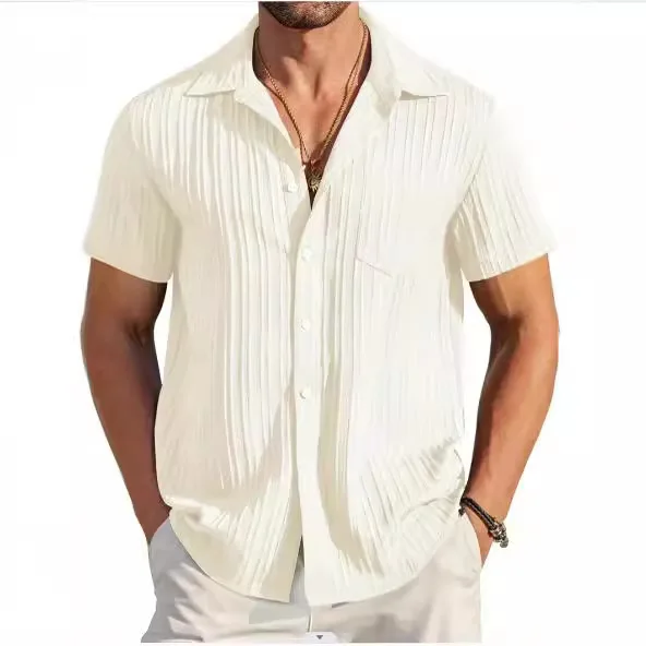 

2026 Fashion Men's Summer Men's Fashion Striped Color Matching Business Slim Casual Shirt Short Sleeve Shirt