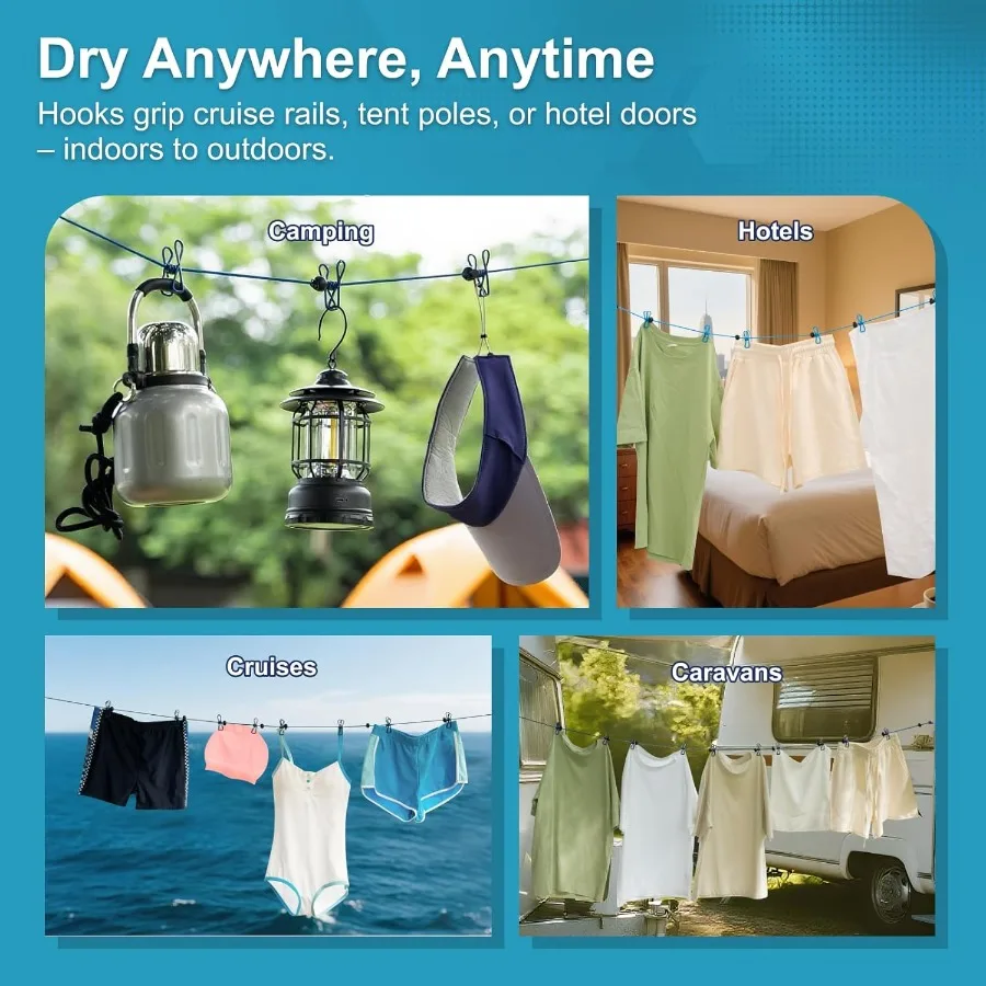 عبوتان من حبل الغسيل المحمول للتخييم للسفر مع 12 مشبكًا، مجموعة حبل غسيل قابلة للسحب مقاومة للرياح باللون الأزرق للتخييم في رحلة المنزل #3