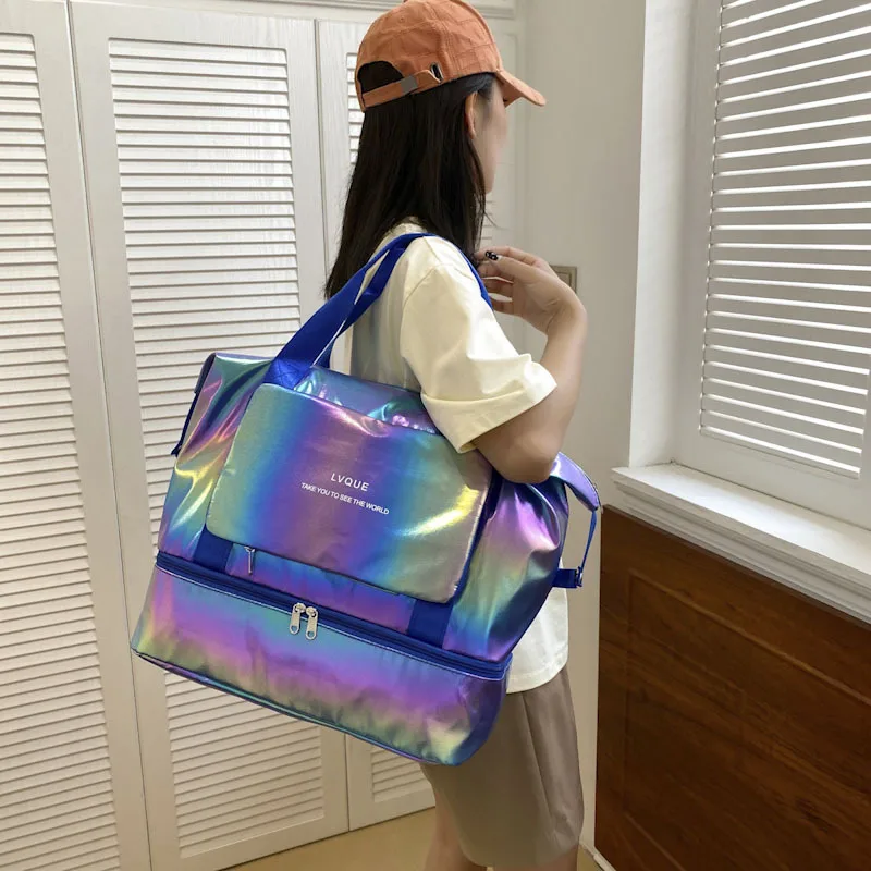 Travel Bag for Women Glossy Folding Waterproof Duffle Tote Shoulder Bag Large Multi-Functional Sports Gym Yoga Storage Handbag