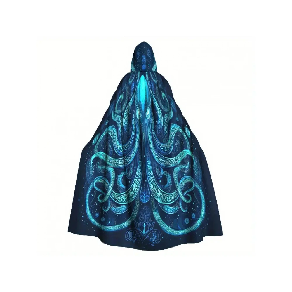 Men's Deep Blue Oceanic Robe Costume Hooded Cape with Glowing Tentacle Pattern Flowing Effect Machine Washable Durable
