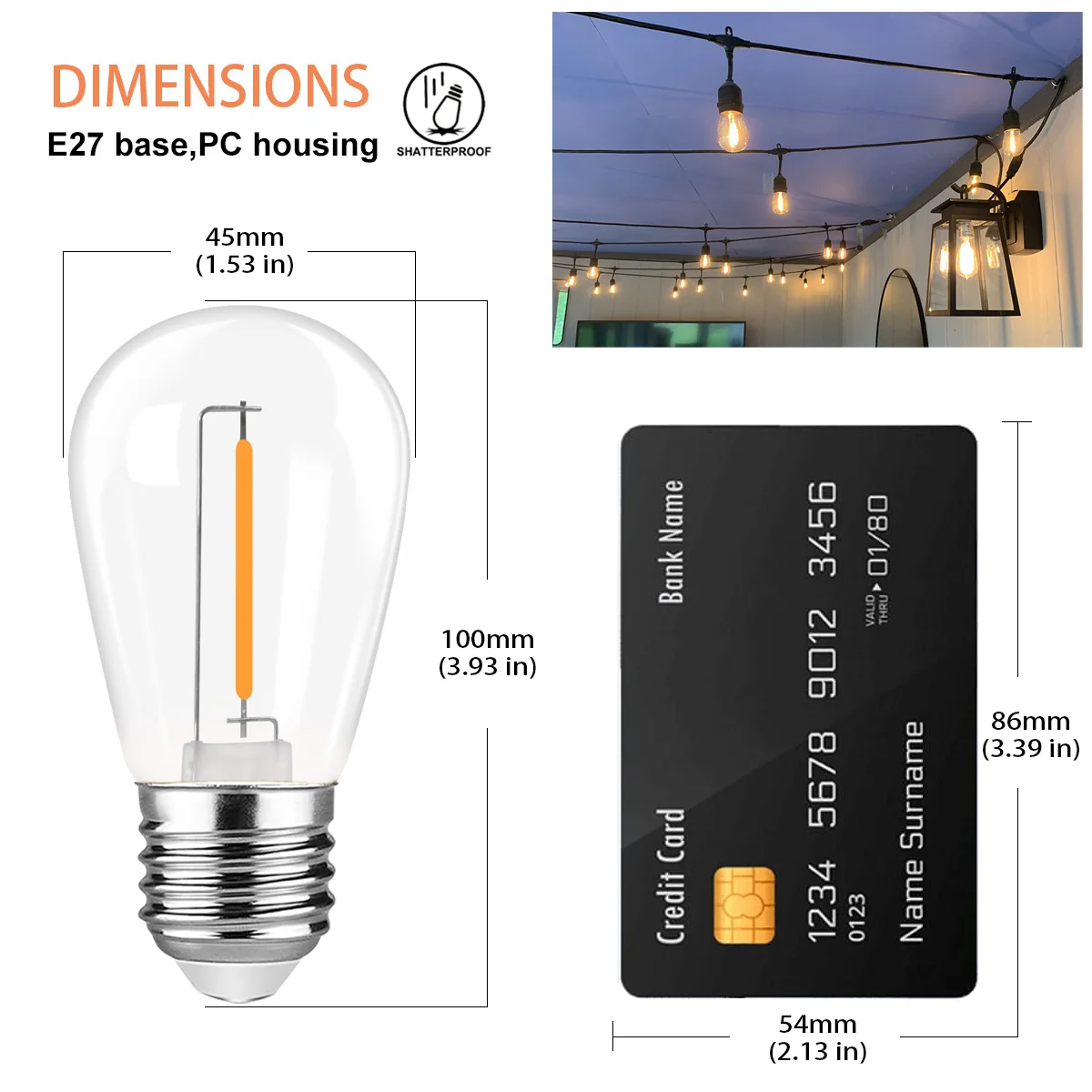 Ganriland e27 s14 kunststoff birnen dimmbare led filament warmweiß 2700k 110v 220v bruchs ichere wasserdichte ip44 außen glühbirne