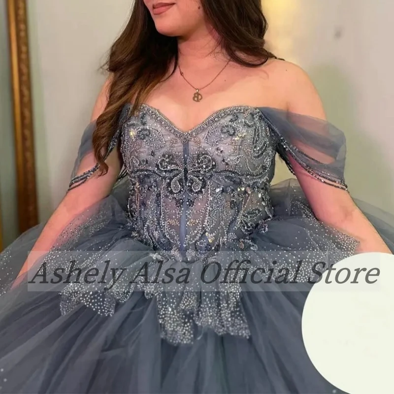 AA416 ที่กําหนดเอง Glitter Ball Gown Quincenara ปิดชุดไหล่ Ruffle Corset Vestidos De XV ห้องนอน Party Prom หวาน 16 ชุด