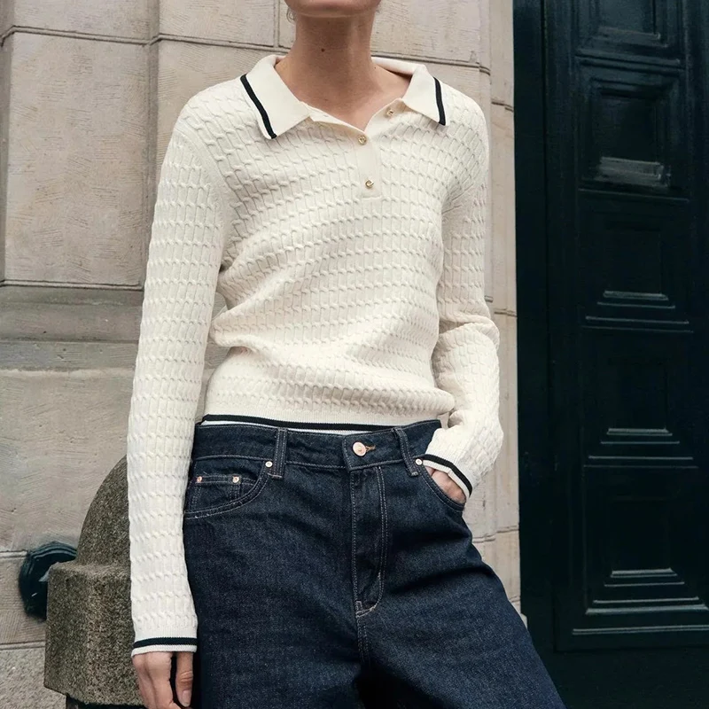 سترة نسائية بسيطة بأكمام طويلة وياقة بولو للربيع، تصميم بألوان متباينة على الحواف، أسلوب عملي، مصنوعة من ألياف البوليستر من ز...