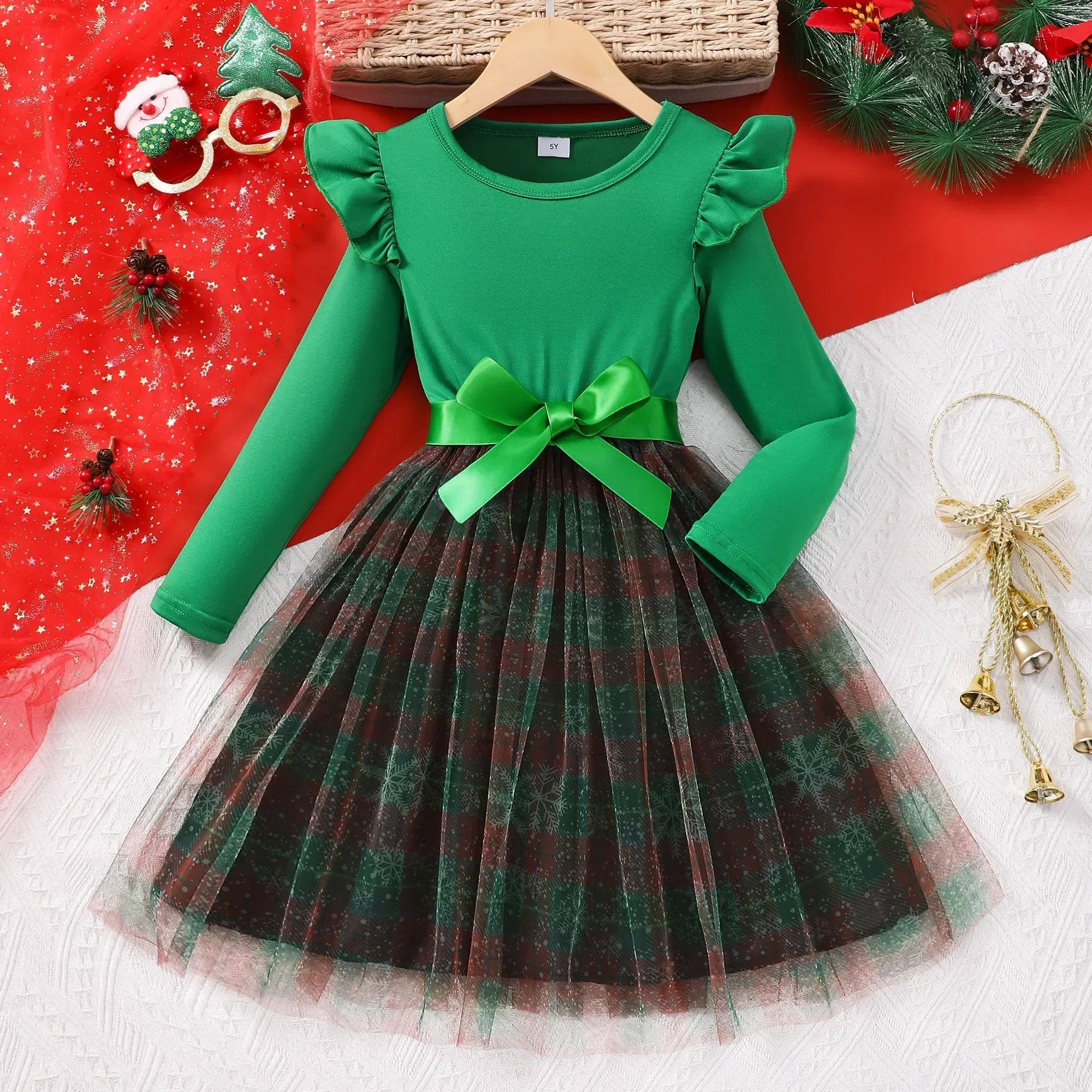 Christmas Kids Girls Dress Long Sleeve Belt Spring Summer Gauze Children Dress Casual Soft Ventilate Baby Girls Clothing 2-7Y