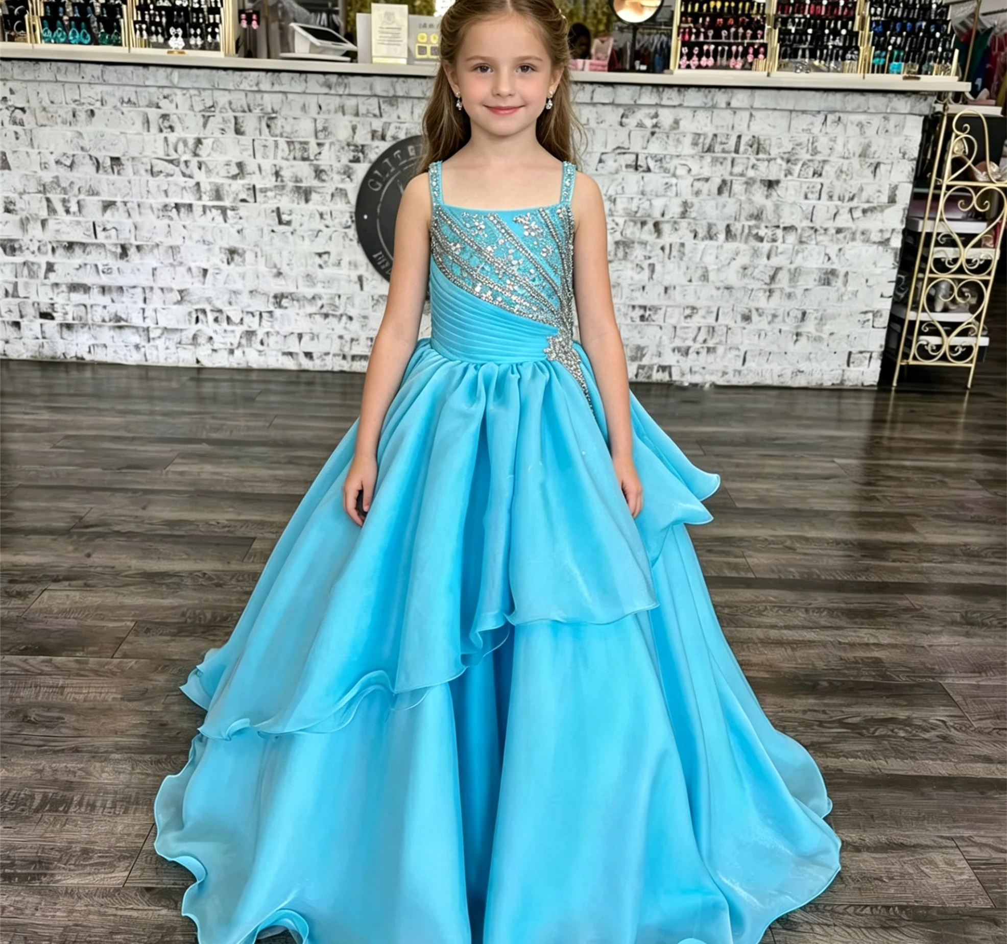 

Customized Flower Girl Dress For Wedding Glitter Sleeveless Floor Length Elegant Kids Birthday Party First Communion Gown