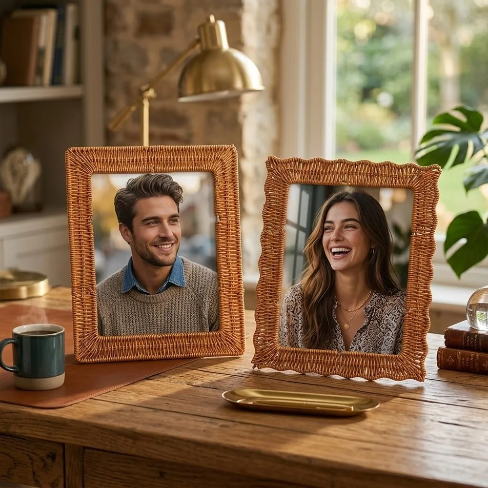 Boho Style Vintage Rattan Photo Frames PP Woven Handmade Picture Frame Rustic Charm 4x6 Inch Photo Frame Home Decoration