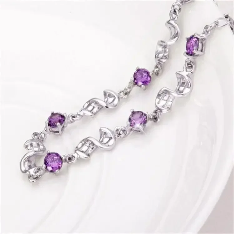 Hot luxury designer 925 Sterling Silver Purple crystal Lucky Clover Bracelets for women fashion party wedding Jewelry 17CM+4CM