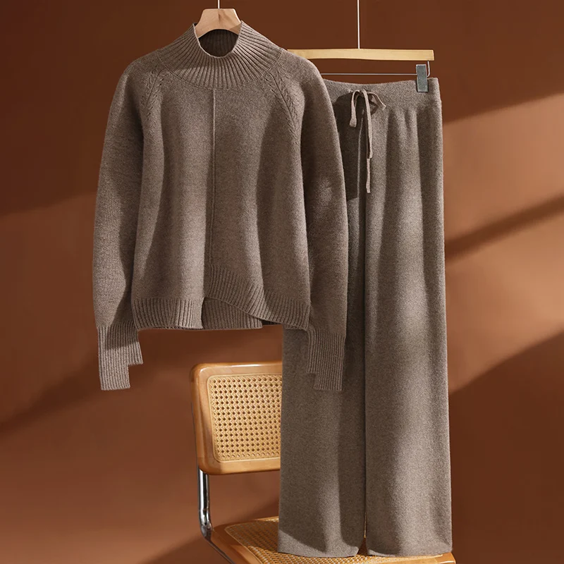 CHICUU-Jersey de cuello alto para mujer, suéter, pantalones de pierna ancha, conjunto de 100% de punto de lana grueso, informal, Otoño Invierno, conjunto de prendas de punto de Cachemira