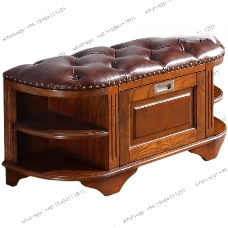 American all-solid wood shoe change stool can sit at the door, shoe cabinet European multi-functional storage stool, leather des