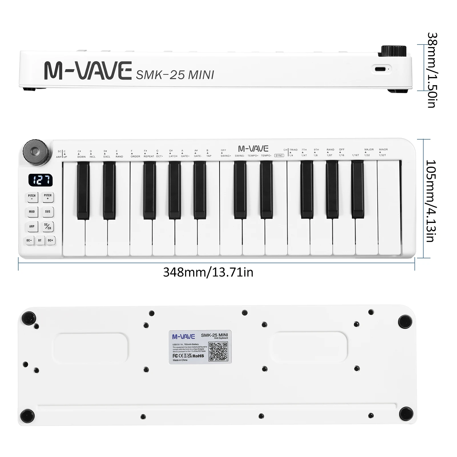 M-VAVE SMK-25mini MIDI Keyboard Rechargeable 25-Key MIDI Control Keyboard Mini Portable USB Keyboard MIDI Controller