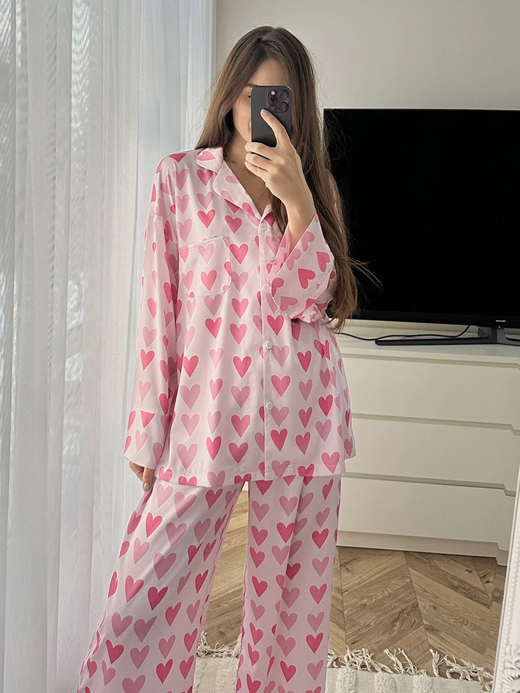 HiLoc Elegant Pink Satin Heart Print Pants Sets For Women Pajamas 2 Pieces Summer Pockets Loose Shirts Sleepwears Straight Pants