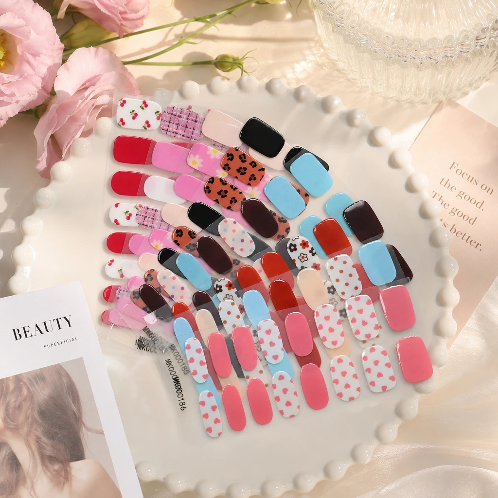 16Tips Cute Cherry Nail Polish Strips Glossy Red Fruit Print  Full Cover No Need Lamp Gel Nail Stickers Sweet Manicure Nail Deca