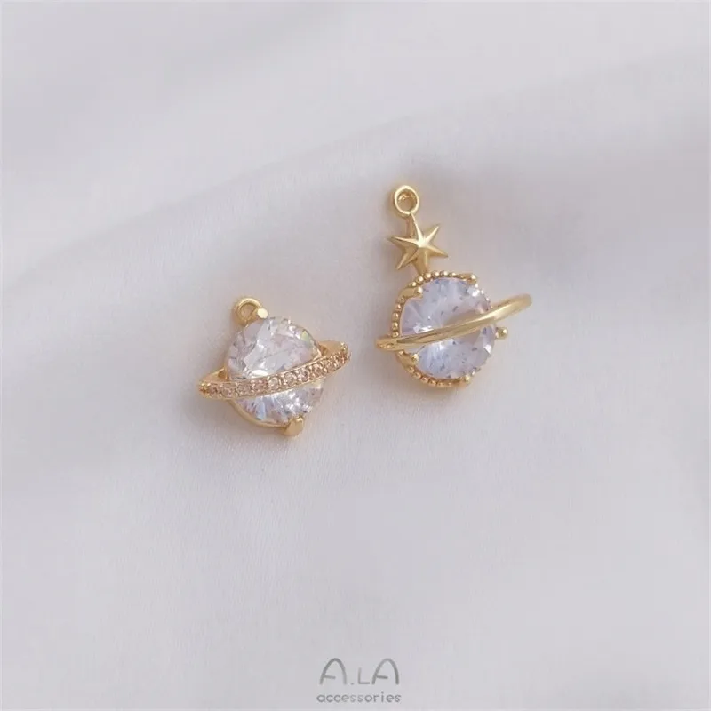 14K Gold-wrapped Zircon Planet Pendant, Handmade Jewelry Pendant, DIY Bracelet, Earrings, Necklace, Collarbone Chain Pendant