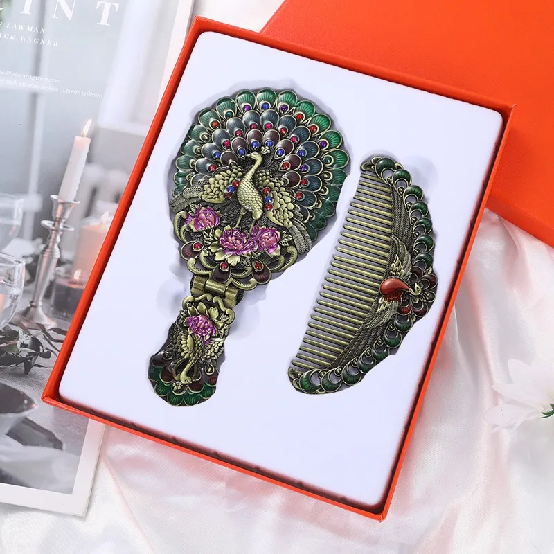 Retro Peacock Open Screen Handheld Makeup Mirror, Portable and Upright Desktop Ornament Ins Style European Engraved Decoration