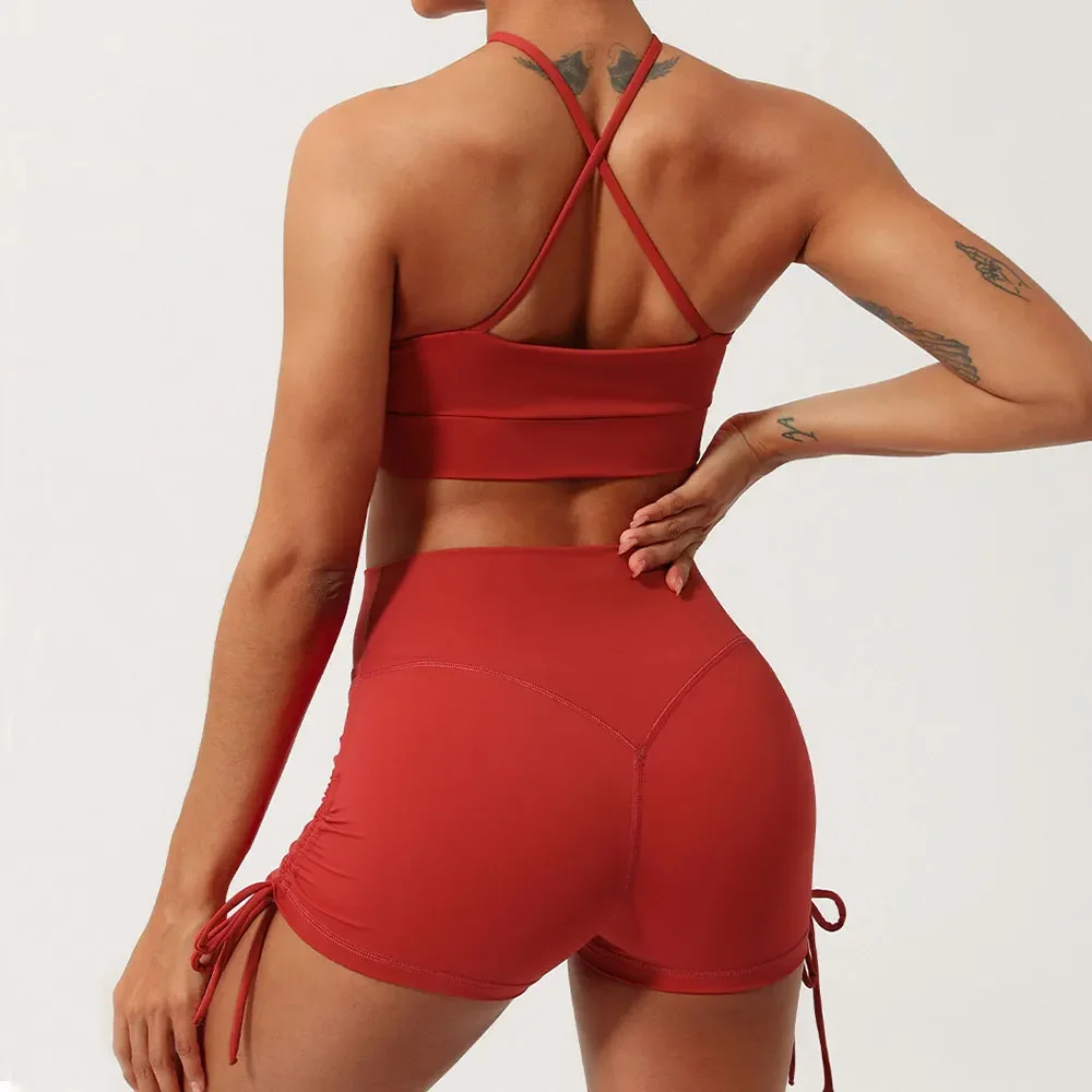 Conjunto de 2 piezas de Yoga, pantalones cortos de gimnasio, ropa de mujer, sujetadores deportivos calados, Tops de entrenamiento para mujer, ropa deportiva, pantalones cortos deportivos para Fitness, conjunto de gimnasio