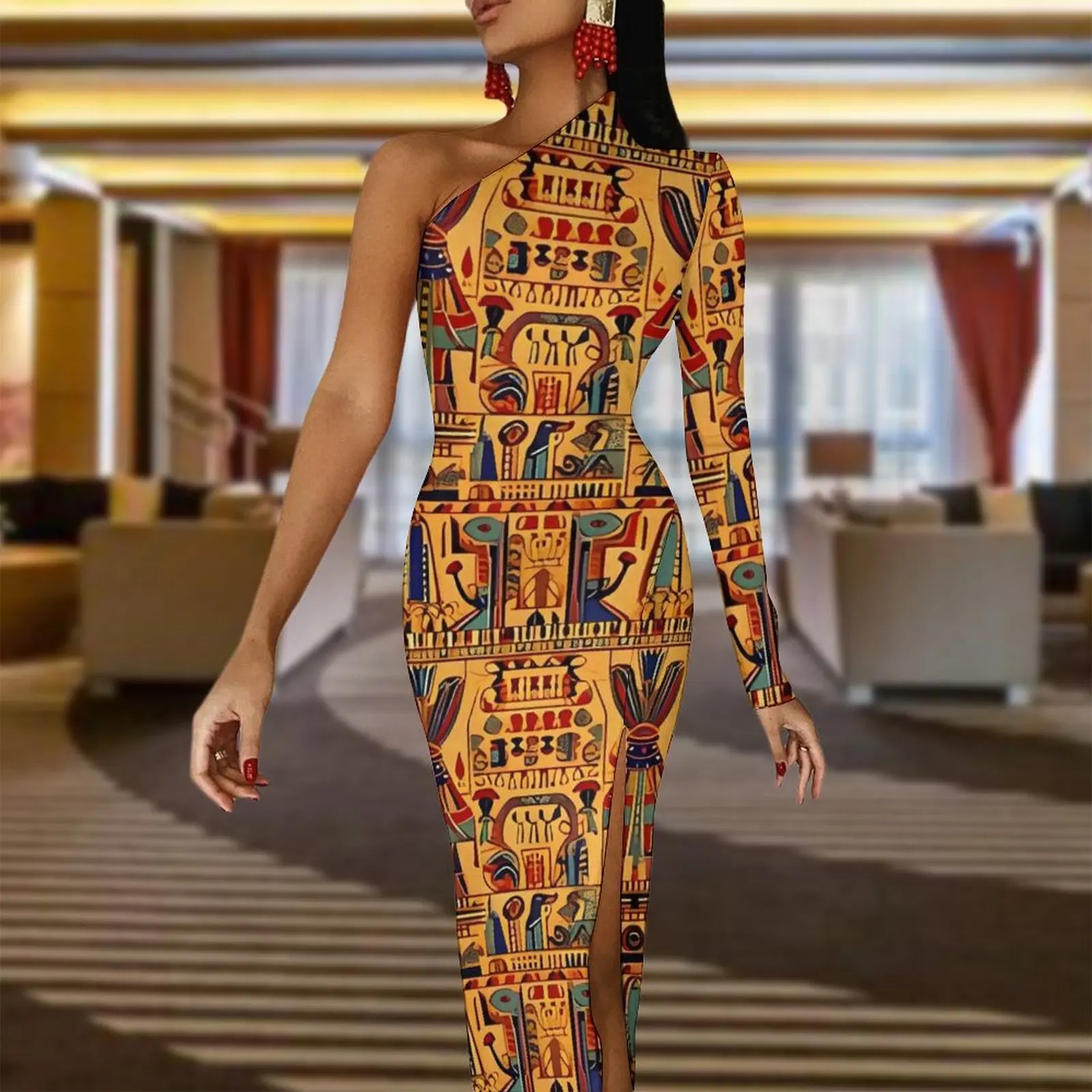 Arte egípcia antiga vestido longo senhoras retro padrão estético maxi vestido outono bonito bodycon vestidos de alta fenda personalizado