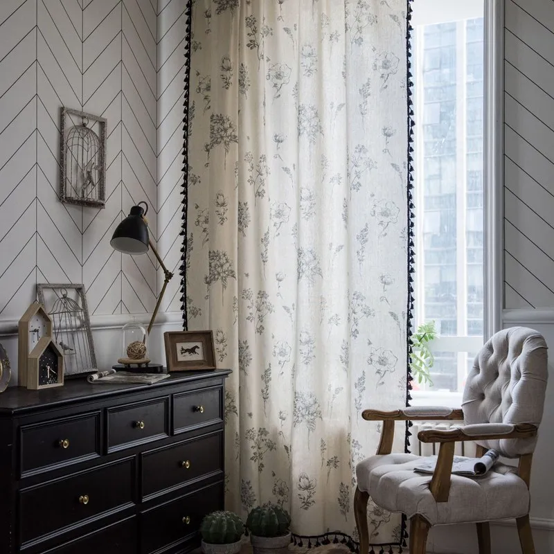 Cotton Linen American Floral Blackout Window Curtains with Tassel for Bedroom Kitchen Curtains Pastoral Style Living Room Drape