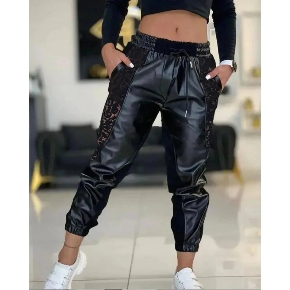 Women's PU Trousers Casual Summer Fashion Solid Color Contrast PU Lace Insert Pocket Drawstring High Waist Cuffed Pants