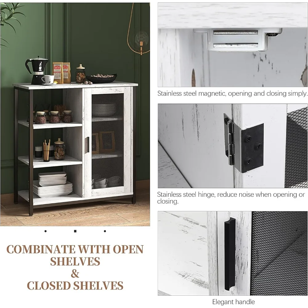 Buffet Cabinet with Storage, Kitchen Storage Cabinet, Industrial Farmhouse Barn, Multipurpose Side Console Table (White)