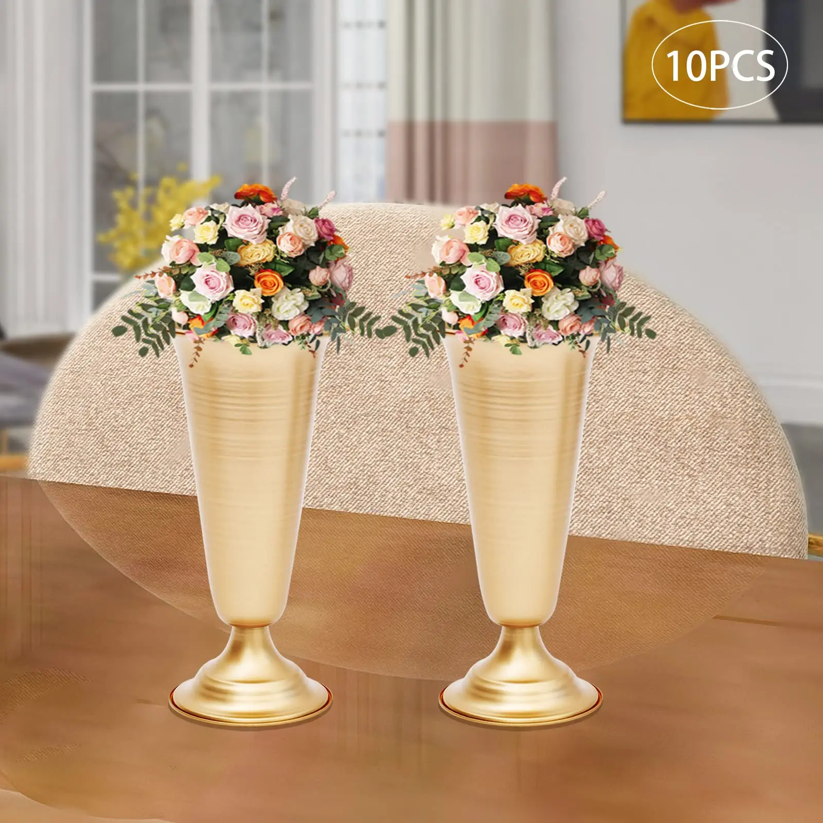 10’ Proto Geblümte Metall-Trompetenvase, elegante Hochzeits-Mittelstücke-Vase für Hochzeits-Party-Dekoration, 9,8 Zoll hohe künstliche Blume a