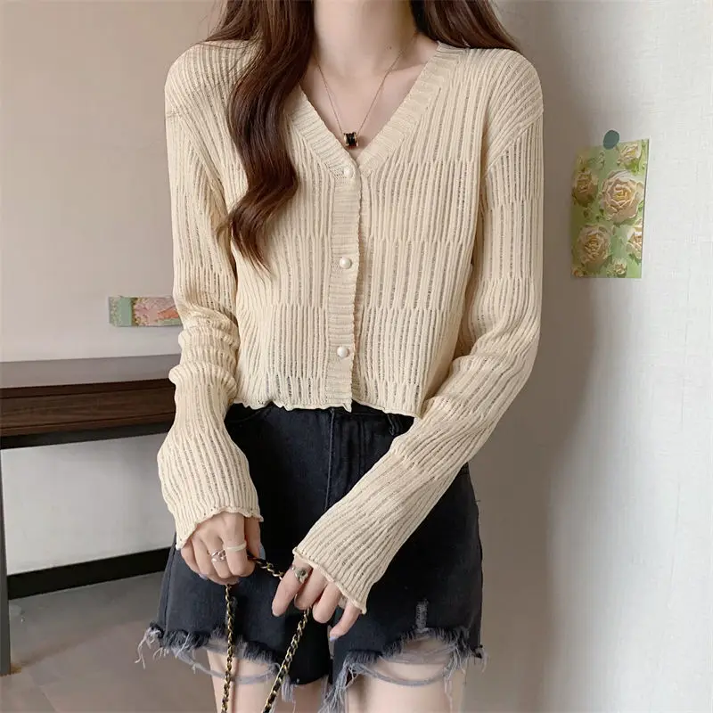 Hollowing out Women\'s cardigan knitted sweater Button Loose fitting top coat Youth Elegant High quality knitwear black