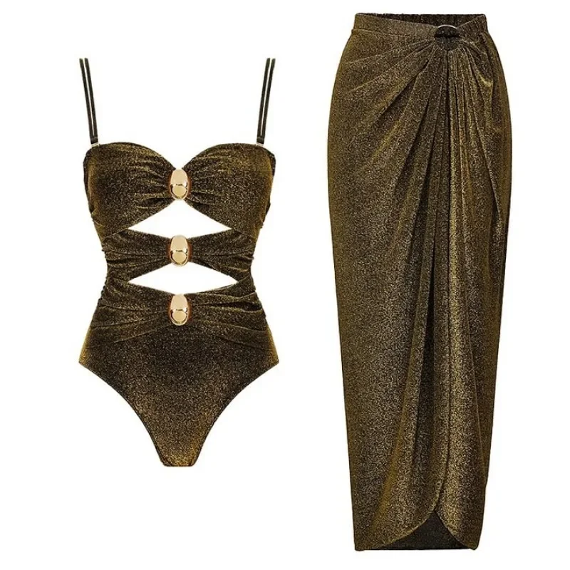 

Swimsuit with Gold-plated Round Buckle Decoration and Glossy Hollowed Out One-piece New Swimwear Set for Women