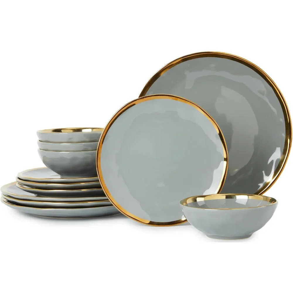 

Porcelain Luxury Dinnerware Sets, Modern Plates and Bowls Sets for 4, Highly Chip and Crack Resistant, Grey and Gold Rim China D