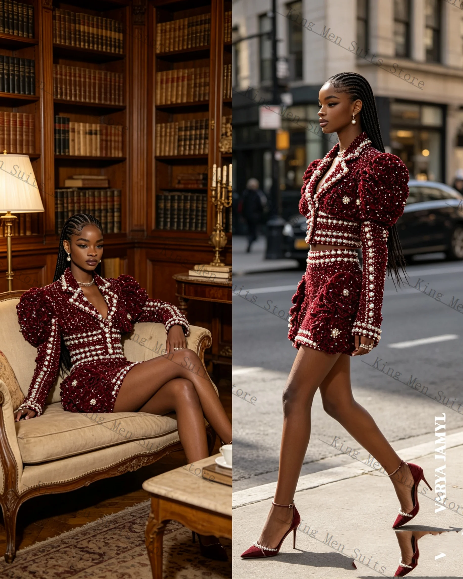 Pearls Dark Red Women Suits Set 2 Piece Blazer+Short Mini Prom Dress Customized Office Lady Jacket Luxury Wedding Prom Coat