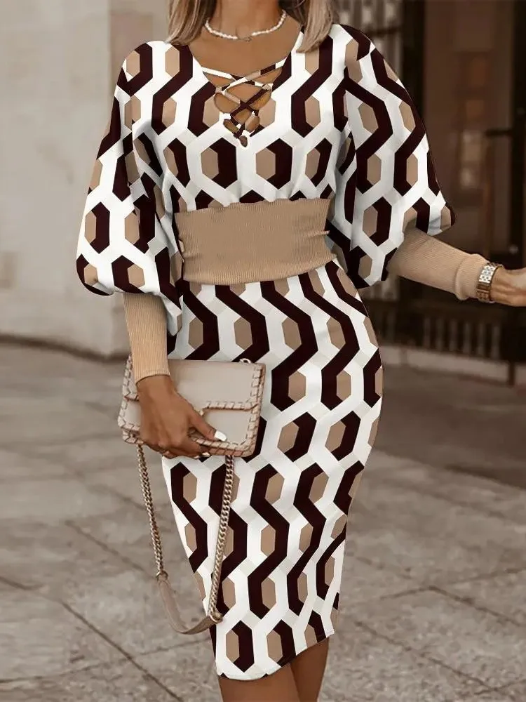 2025 outono moda com decote em v saco hip na altura do joelho vestidos para mulheres impressão geométrica manga longa midi vestido casual senhora do escritório robe