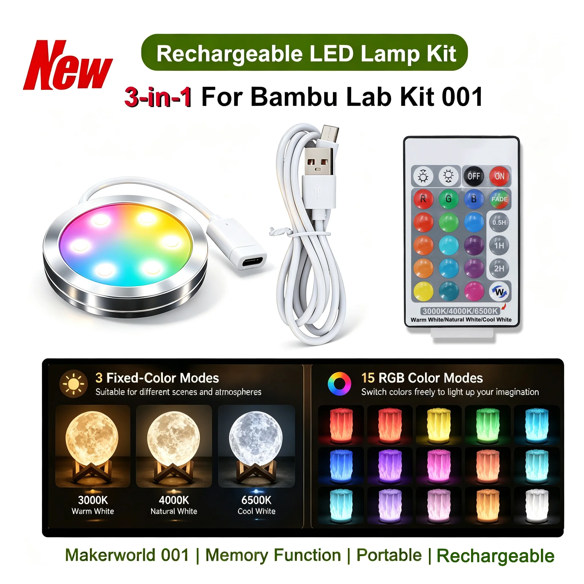 For bambu lab led lamp kit 001 rechargeable type c 3D Printing DIY Model Portable Rechargeable Kit 001 Led Light Parts Model
