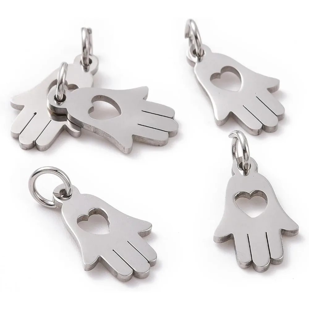 5Pcs 304 Stainless Steel Hamsa Hand with Heart Charms 15x10x1mm Tiny Metal Hand of Miriam with Heart Designs Hand Charms