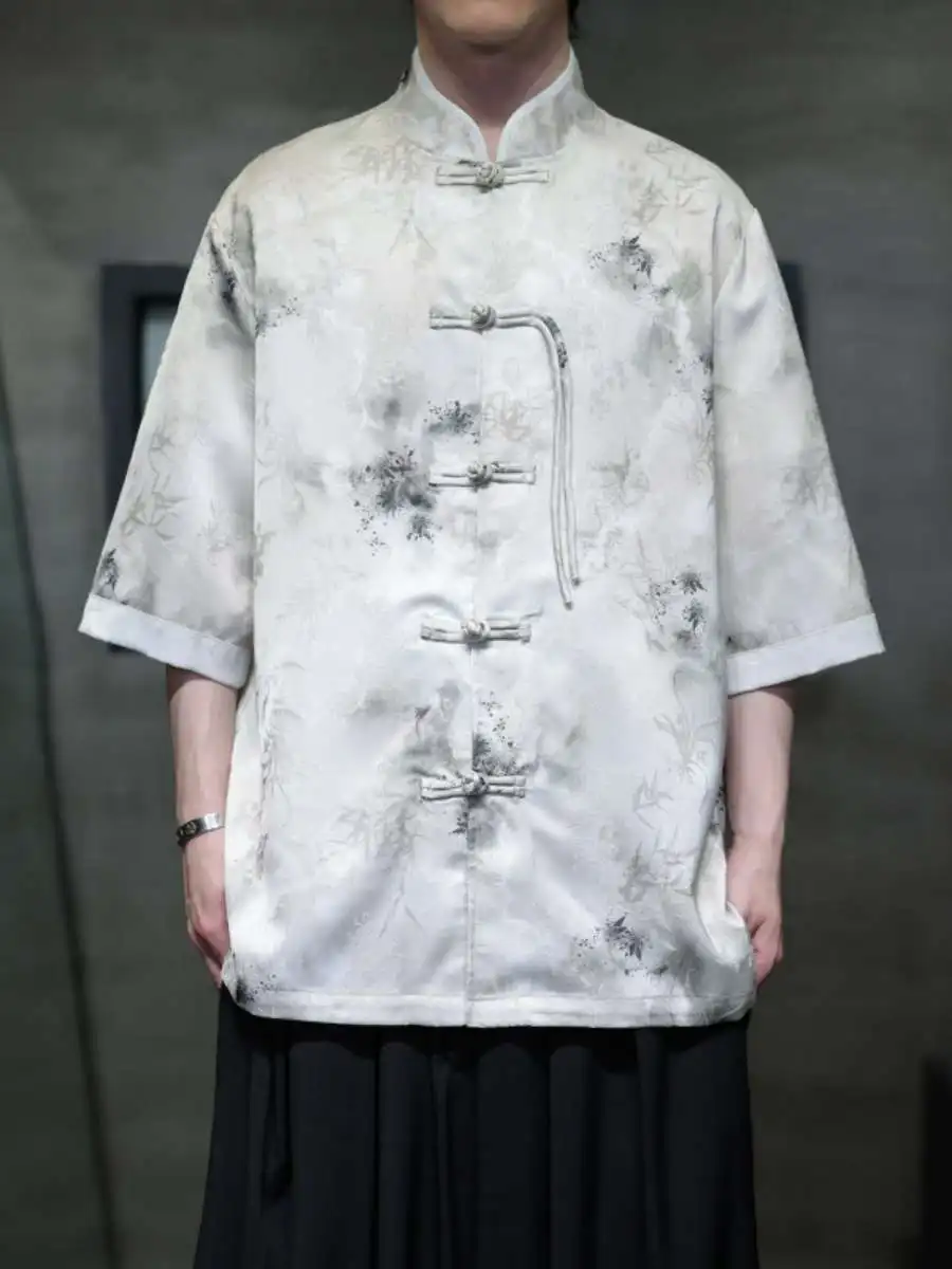 

New Chinese Sle Loose Fit ort Sve irt Men's Summer Faion Hanfu Tang Costume Button up Big Size Clothing