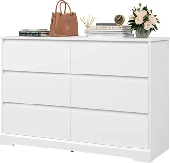 Image 6 Drawer Double Dresser, White Dresser, Modern 6 Chest of Drawers with Deep Drawers, Wide Storage Organizer Cabinet for Living