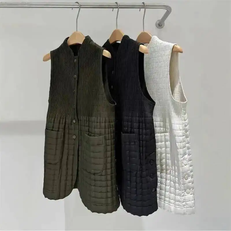 Handmade Japanese Irregular Pleated Cotton-Padded Jacket For Women Lightweight Mid-Length Autumn Winter Vest Top 2IZM3