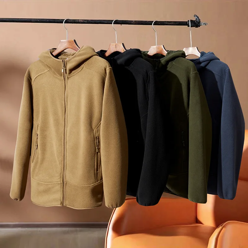 

Autumn Winter Men Fleece Hooded Jacket Casual Fashion Solid Color Warm Zipper Coat Casual Simple Loose Male Thicken Overcoat