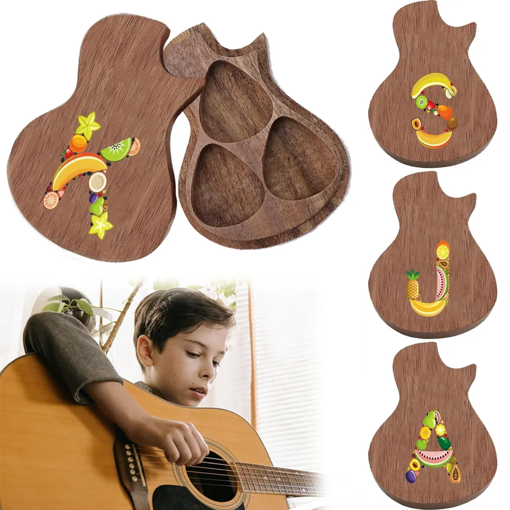 

1pc Wooden Guitar Pick Holder Box For Plectrum With Fruit Letter Motif Musical Gear Storage Case Initial Name 26 Letters Pattern