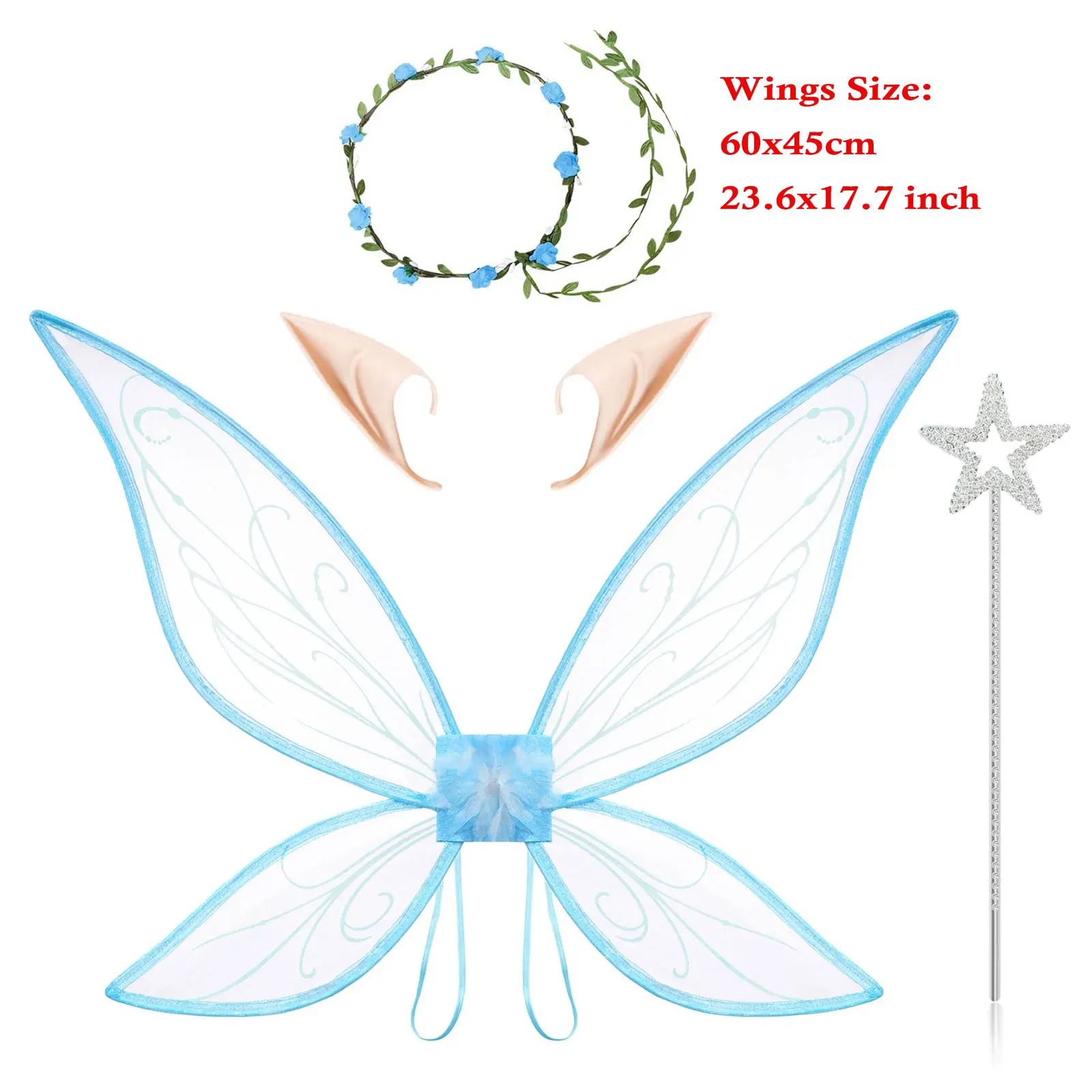 Ailes de fée vertes pour femmes et filles, accessoires de Costume d'halloween, ailes d'elfe avec guirlande, baguette de fée pour adultes, ailes de papillon