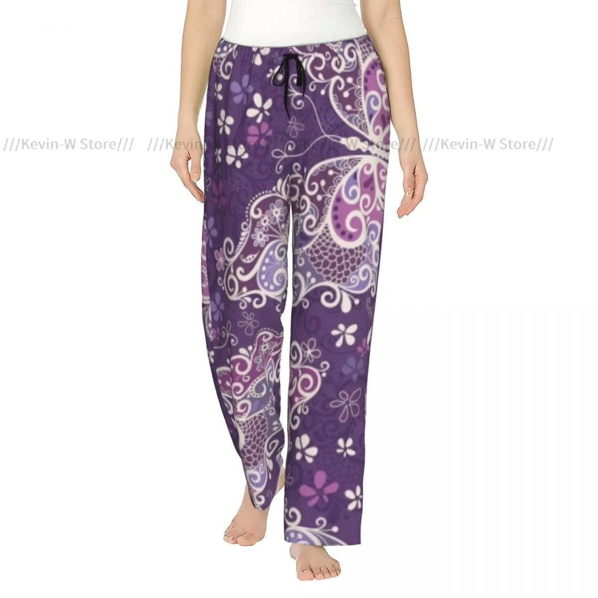 

Warm Flannel Sleep Pants for Women Big Butterflies And Flowers Pajama Bottoms with Elastic Waist